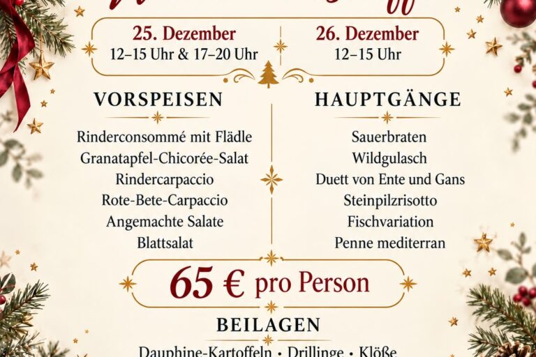 Weihnachtsbuffet im Landhotel Restaurant Mutter Althoff: 25.12.2026 Mittagsbuffet 12–15 Uhr und Abendbuffet 17–20 Uhr, 26.12.2026 nur Mittagsbuffet 12–15 Uhr, 65 € pro Person